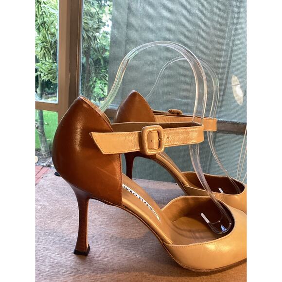 Manolo Blahnik Tan Brown Tip Ankle Wrap Pointy Pumps Heels 39 US 9 Excellent